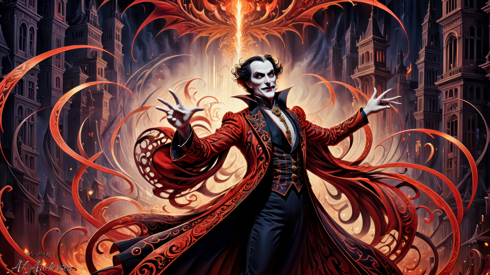 Digital art captures Mephistopheles in mid-waltz, his luxurious baroque outfit accentuated by a voluminous, flame-like red cape. He dances through a gothic cityscape at night, where the intricate architecture is as much a part of the performance as the swirls of his cape, evoking a feeling of enchantment and timeless elegance.