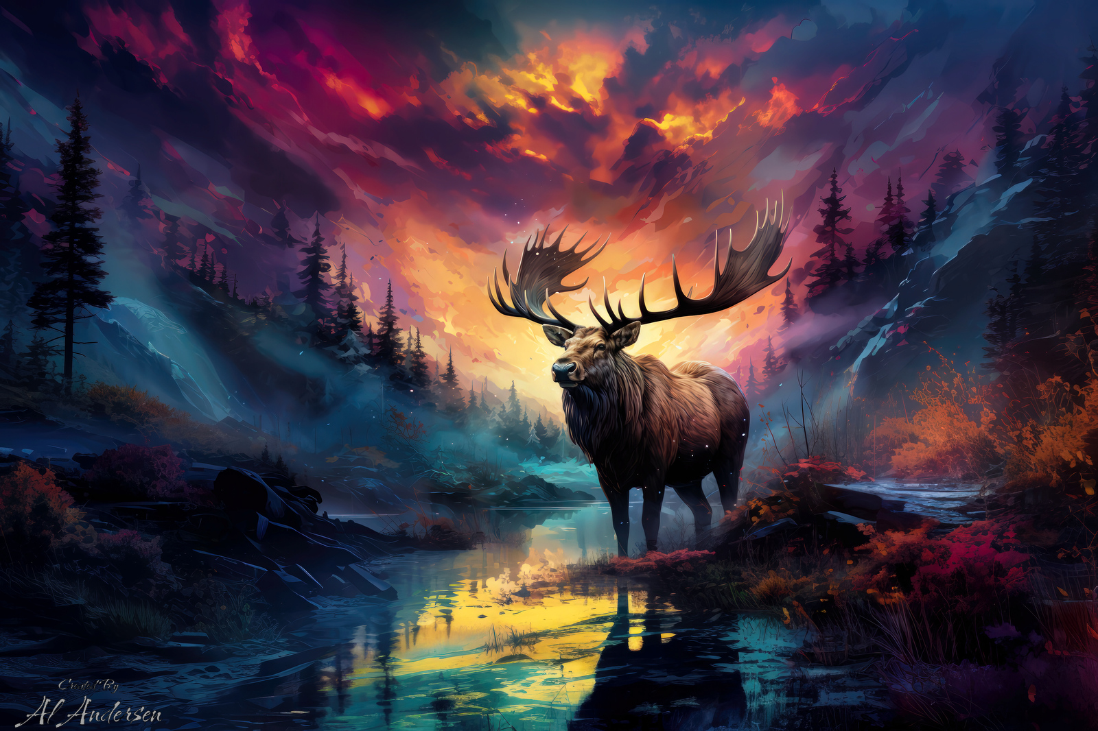 Depicted is an moose beside a river, enveloped in a twilight scene with an unusually vivid sky, reflecting both the sunset's warmth and the night's cool tones, highlighted by stars.