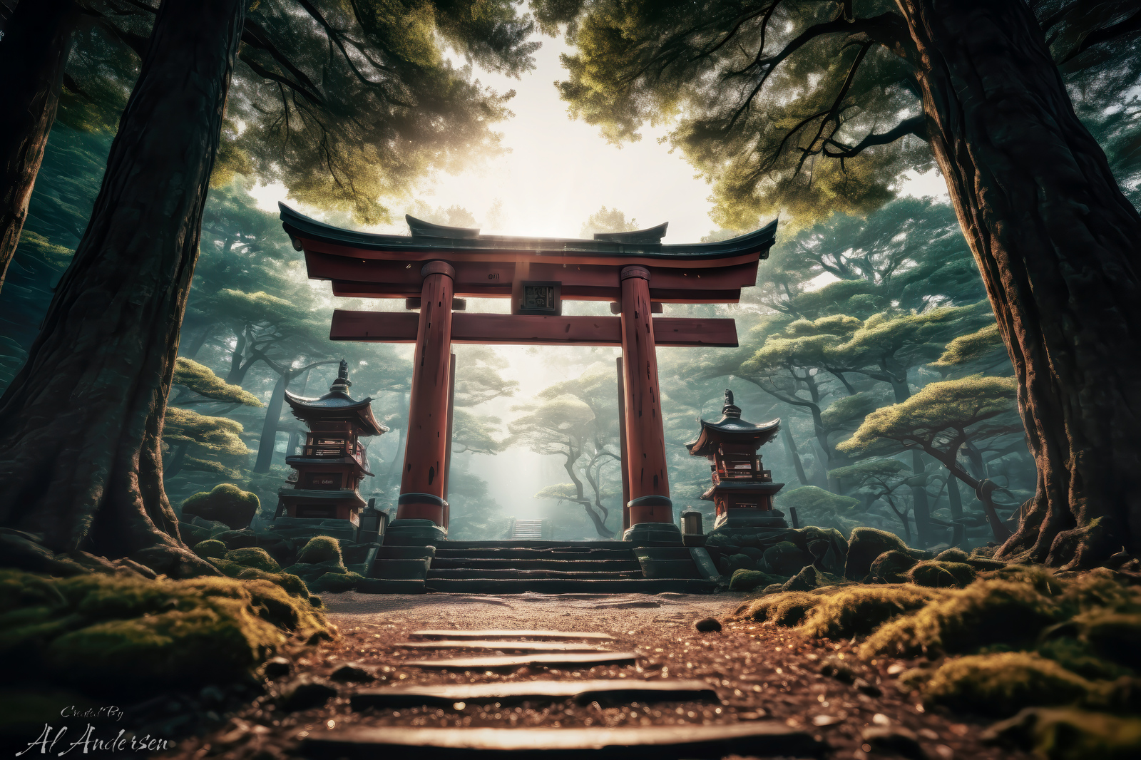 A peaceful scene of a Japanese forest shrine featuring a large red torii gate and two stone lanterns. Towering cedar trees surround the shrine, with sunlight filtering through the dense canopy. Moss-covered steps lead to the gate, creating a serene and spiritual atmosphere, enhanced by the soft mist in the background.