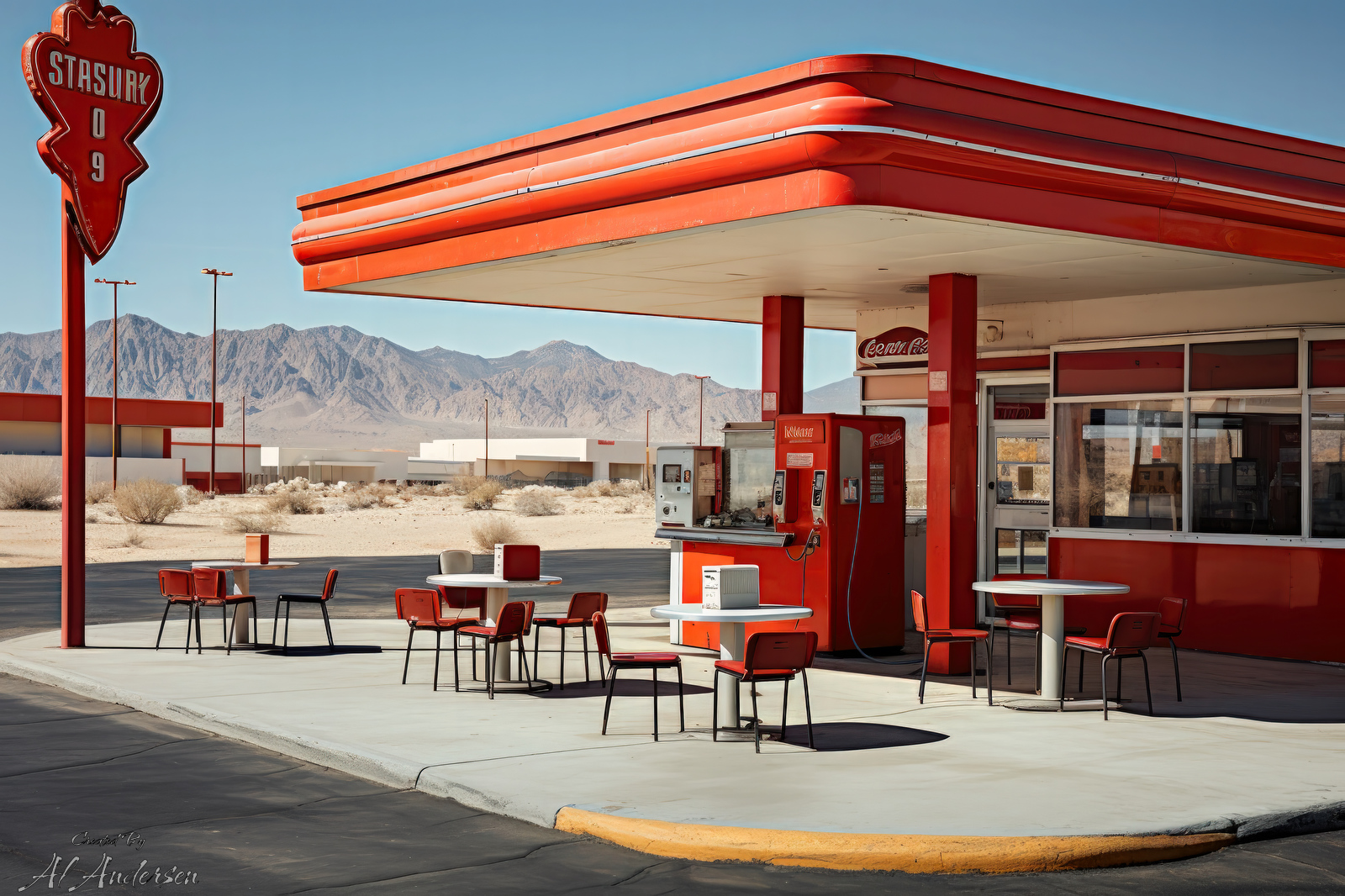 A midjourney image of a bright red, retro-themed outdoor diner with a gas pump and a Coca-Cola machine, set against a desert backdrop with distant mountains under a clear blue sky.