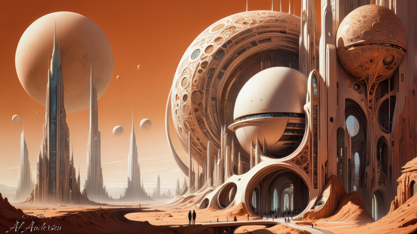 A futuristic city on a desert planet with towering spires and large, circular domes surrounded by an orange sky and distant planets. The warm tones of the architecture and landscape blend together, creating a seamless and advanced alien world. In the foreground, small figures walk along the smooth, curved pathways beneath the grand structures.