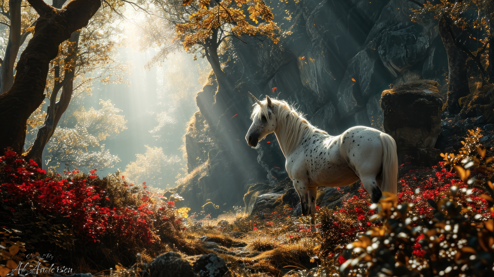 A digital image of a white unicorn with a subtle glow, standing in a sunlit forest glade surrounded by autumn foliage. Sunbeams filter through the trees, highlighting the creature's gentle form and the vibrant colors of the woodland.