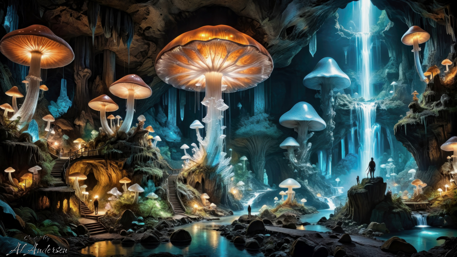 Digital art of a mystical underground realm, with towering luminescent mushrooms and stairways weaving between majestic waterfalls. The artwork is rich with details: glowing paths, reflective waterways, and a diverse array of fungal flora, all contributing to a magical and surreal atmosphere within this subterranean landscape.