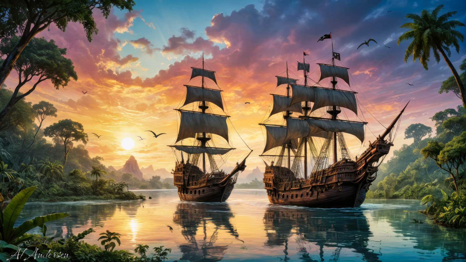 Two old-fashioned pirate ships sail through a tranquil mangrove swamp as the setting sun casts a radiant array of oranges and pinks across the sky. The lush greenery of the swamp and the distant tropical foliage reflect on the calm waters, teeming with life. Birds glide gracefully overhead, completing the serene yet adventurous scene.