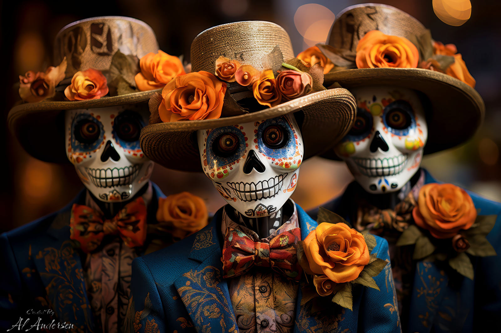 A digital artwork displays three individuals adorned in traditional Dia de los Muertos attire, with painted skull faces and hats decorated with bright orange roses.