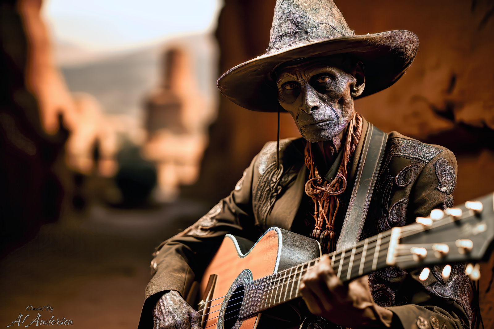 An illustration of a skeletal cowboy in western attire playing an acoustic guitar within a shaded desert canyon. His hat and leather jacket are detailed with age, complementing the rugged rock formations surrounding him. The mood is serene yet haunting, invoking the spirit of a bygone era under a warm, dusky light.