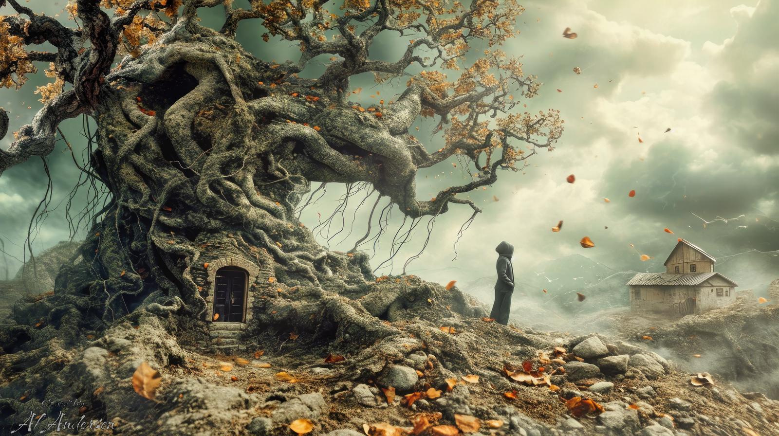 A surreal scene where a small boy stands before a large, ancient tree with a built-in house on a rocky hill. The tree's gnarled roots and twisted branches are mostly bare, with a few autumn leaves swirling in the wind. A stormy sky looms overhead, adding to the eerie, windswept atmosphere of the artwork.