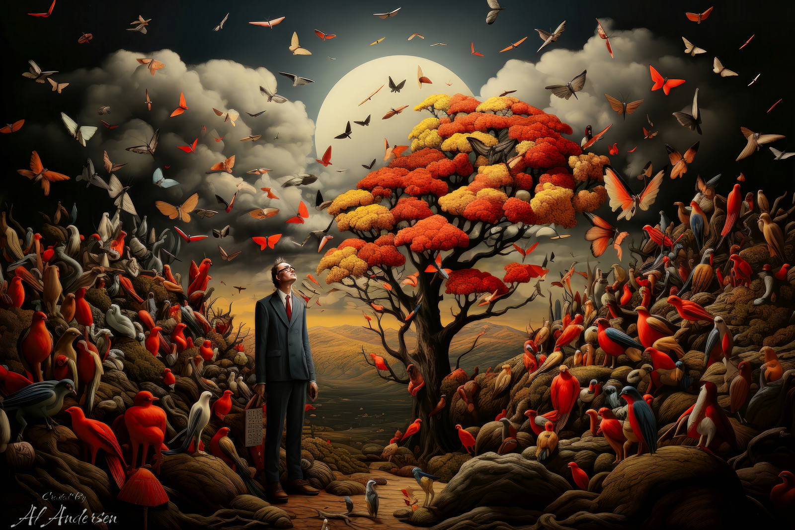 A digital artwork depicts a man in a suit standing amidst a surreal landscape during dusk. The sky is a tapestry of clouds and birds in motion, with a full moon illuminating the scene. The ground swells with the roots of an autumnal tree, its red foliage echoed by the myriad of red birds taking to the air, creating a sense of boundless freedom and the pursuit of the miraculous.