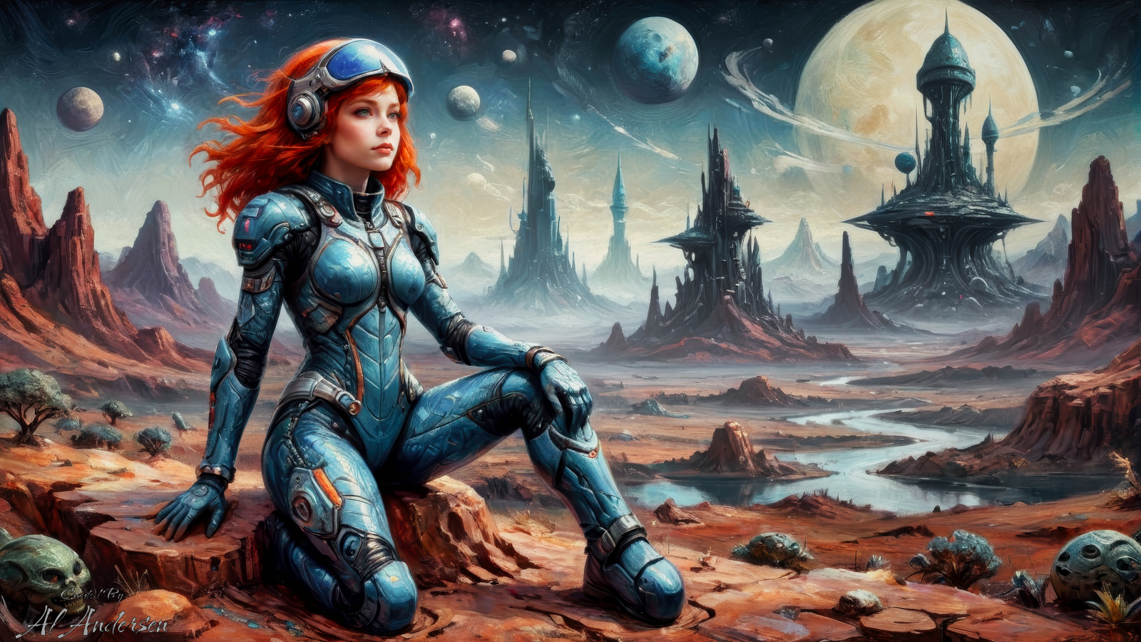 Ginger Gold, a Space Ranger in a blue spacesuit, kneels on a rocky alien terrain with her red hair flowing. She gazes at the landscape, filled with towering spires, rivers, and distant planets in a cosmic sky. Futuristic structures and celestial bodies add depth to the otherworldly scene.