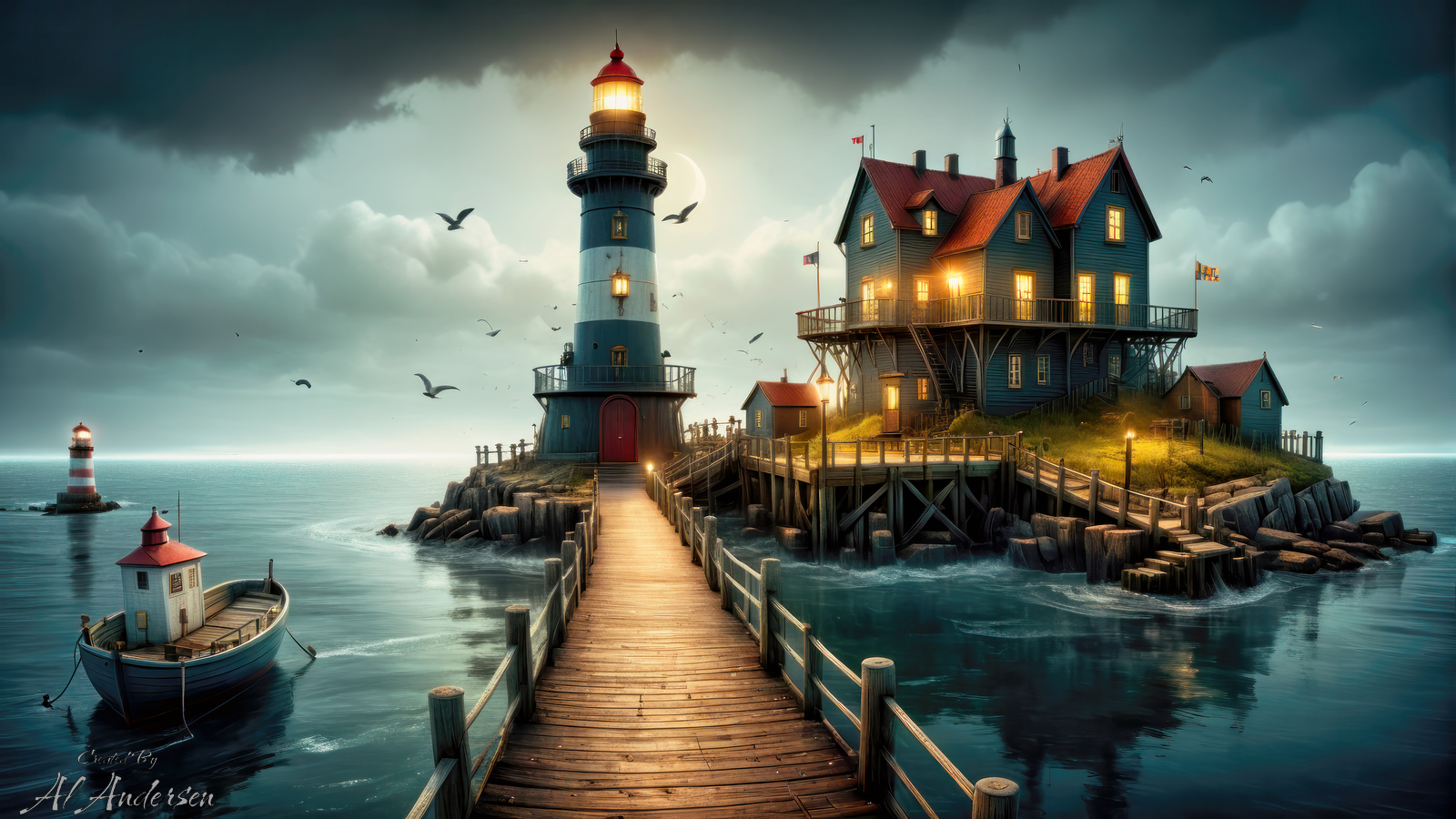 A digital artwork featuring a lighthouse on a wooden pier, adjacent to a Victorian house, under a stormy sky. Seabirds circle above as the lighthouse's beam shines over turbulent waters, with a small boat and another distant lighthouse visible. Flags wave in the brisk sea breeze, completing this maritime scene.