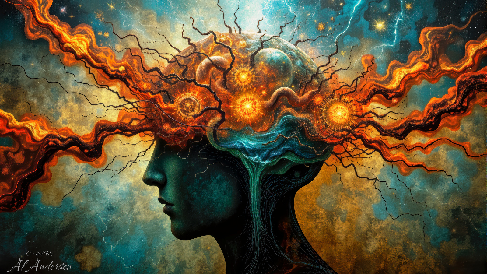 A surreal depiction of the human mind, showing a silhouette of a head against a cosmic backdrop. Fiery orange and yellow neural pathways extend outward from the brain, resembling electrical sparks and explosions of energy. Stars, nebulae, and cosmic swirls merge with the neural tendrils, symbolizing the interconnectedness of thought, creativity, and the universe.