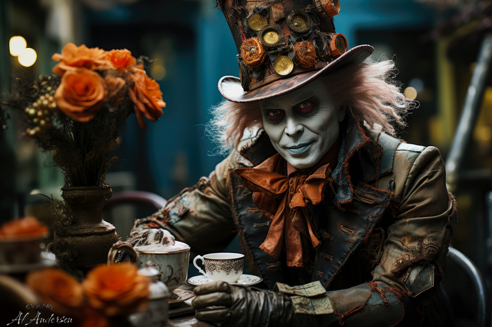 A portrait of the Mad Hatter from 'Alice in Wonderland', characterized by a detailed costume with a top hat decorated with gears and roses. He is seated at a tea party with various tea cups in front. His face features striking eyes and makeup, conveying a sense of eccentricity and wonder. The mood is curious and timeless, set against an autumnal, blurred backdrop that suggests a fantasy tale setting.