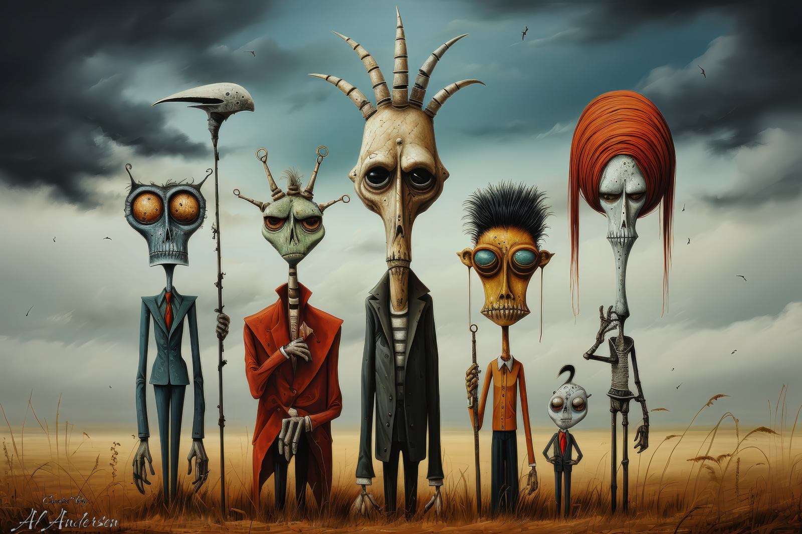 A digital artwork of a surreal gathering of characters with exaggerated and whimsical features, such as large eyes and elongated skulls, standing in an open field under a dramatic sky, evoking a sense of whimsical oddity and fantasy.