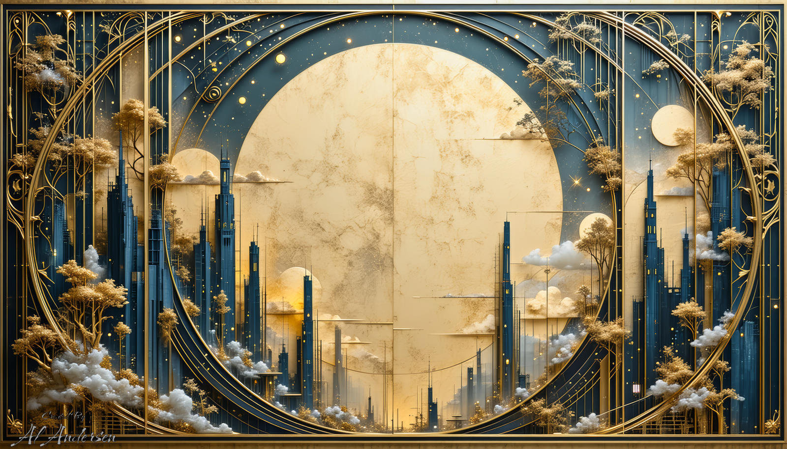 Golden City Beneath the Moon Digital artwork of a golden cityscape beneath a massive glowing moon. Blue spires rise through soft clouds within circular golden frames, creating a serene, symmetrical composition that evokes harmony, mystery, and cosmic wonder.