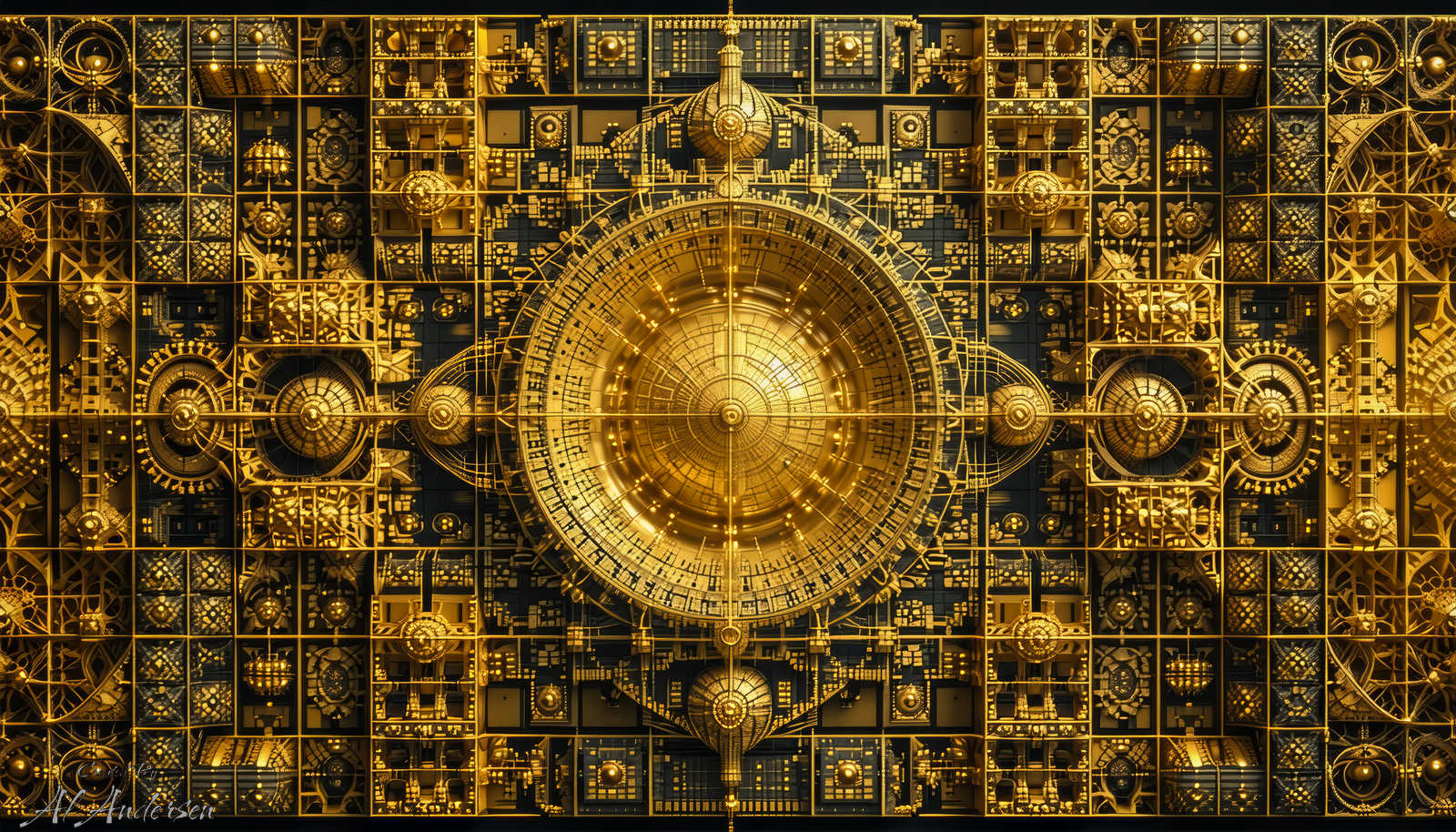 Golden Clockwork Grid A highly detailed and symmetrical golden structure composed of gears, spheres, and grid patterns radiates from a central circular mechanism. The intricate design features mechanical and architectural elements, all rendered in metallic gold tones against a dark background. The image is complex, ornate, and visually immersive.