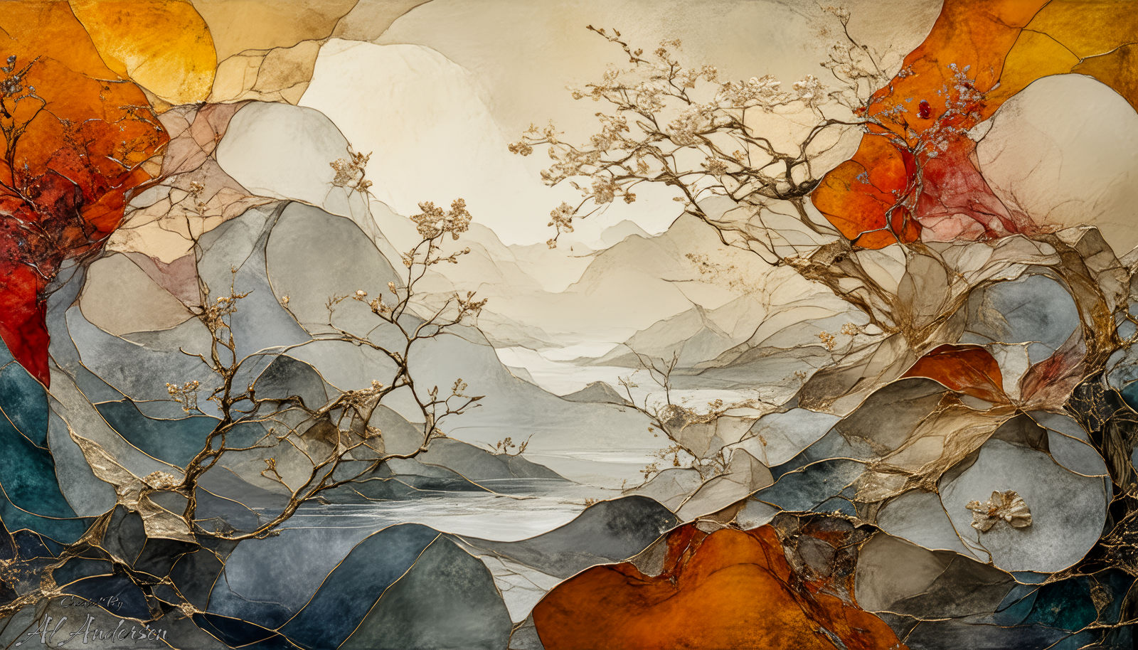 Golden Branches And Mountains In Autumn Hues An abstract artwork featuring golden tree branches and blossoms framing a mountainous landscape. Flowing forms and stained glass-like sections in warm oranges, reds, and soft blues create a serene, textured scene filled with natural elegance.