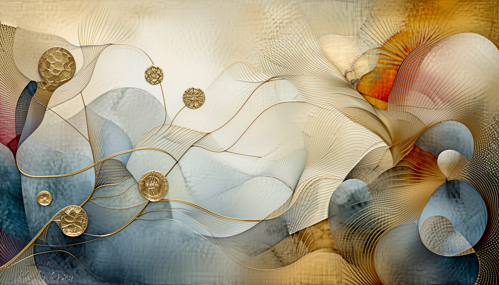 Ethereal Abstract Waves With Gold Accents An abstract artwork with flowing wave-like forms, soft gradients of beige, blue, and gold, and delicate lines. Circular golden accents resembling medallions float throughout, creating a tranquil, elegant, and modern composition.