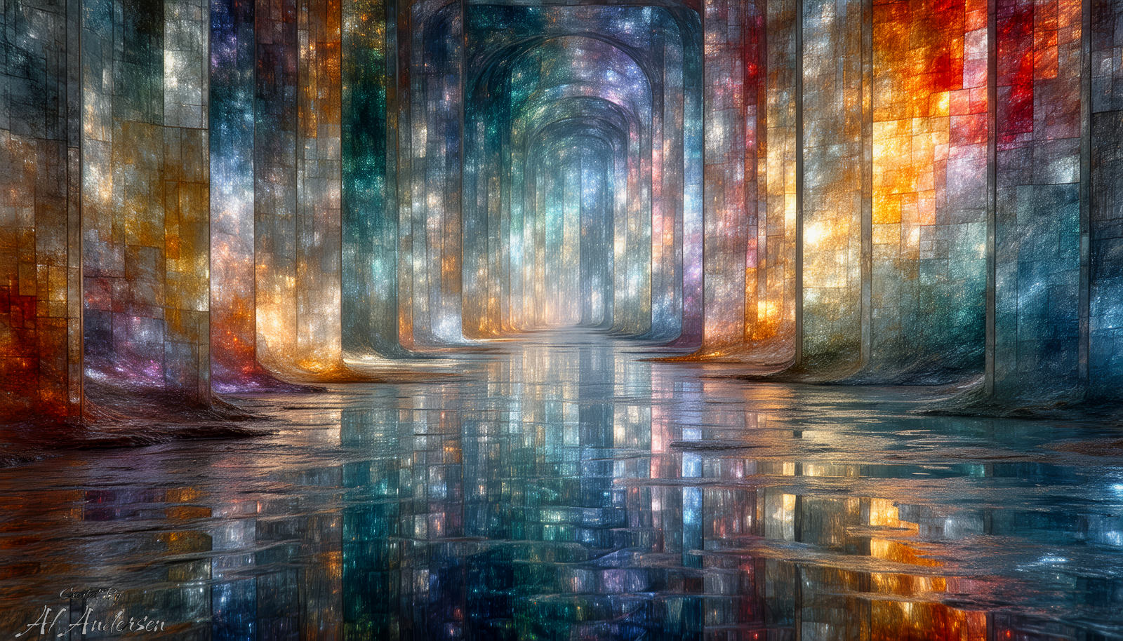 Stained Light Corridor of Infinity A dreamlike corridor with tall arches and walls made of glowing, stained-glass-like panels in rich blues, golds, reds, and purples. The reflective floor mirrors the luminous mosaic textures, creating a serene and infinite architectural space.
