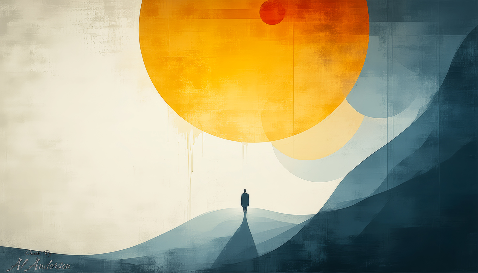 Solitude Beneath the Sun A minimalistic artwork showing a solitary human figure standing on a curved blue-gray landscape beneath a massive orange sun. The large sun dominates the upper part of the image, casting light and shadow, while abstract forms and soft gradients create a surreal, contemplative atmosphere.