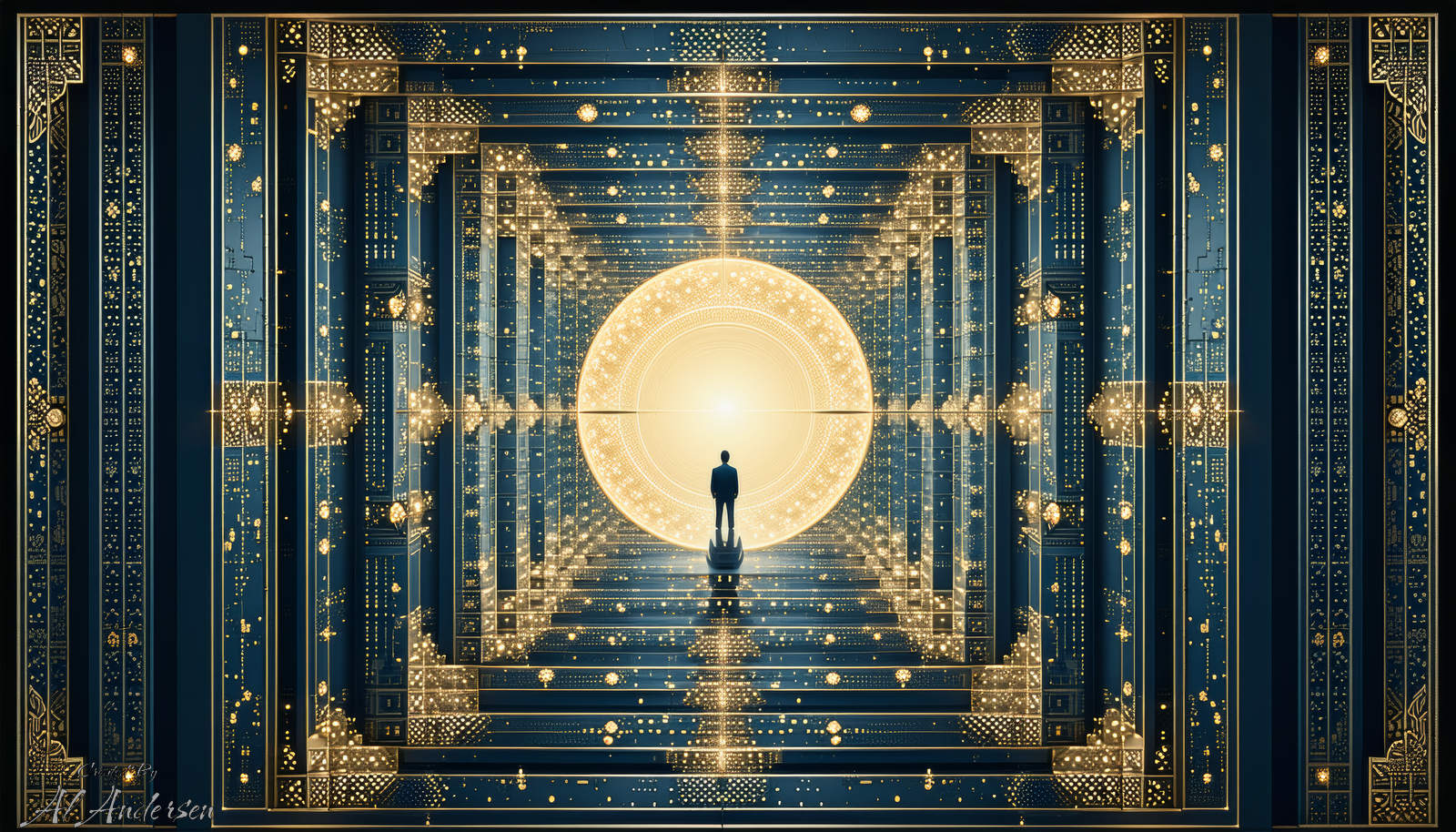 The Light of Empathy Digital artwork of a person standing in a vast symmetrical hall of blue and gold, facing a glowing circular light. The intricate geometric patterns and reflections symbolize empathy as understanding, connection, and shared illumination.