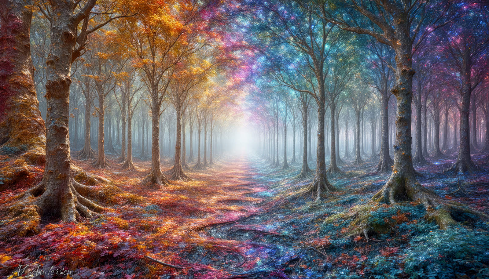 Enchanted Forest Path to Radiant Light A symmetrical forest path flanked by glowing trees in warm autumn colors on the left and cool cosmic tones on the right, leading into a radiant white light. The ground is covered with colorful leaves and glowing roots, creating a magical, dreamlike atmosphere.