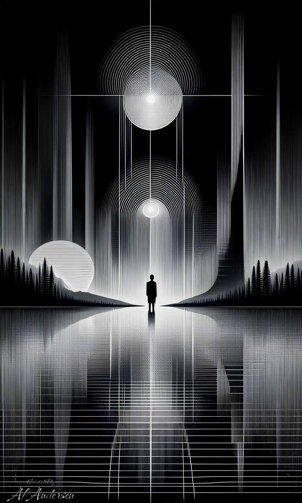 Reflections Beneath the Geometric Sky Monochromatic abstract artwork featuring a silhouetted figure standing on a reflective surface between forested hills. Above are three glowing orbs emitting concentric rings of light, with vertical and horizontal lines creating a symmetrical, dreamlike atmosphere. The scene is serene, surreal, and futuristic.