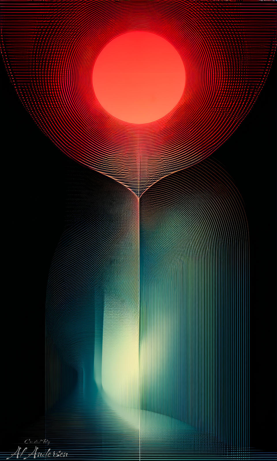 Descent Through the Crimson Aperture Surreal abstract artwork with a bright red circular orb at the top, surrounded by concentric curved lines. Below it, a pathway of smooth teal and blue gradients descends into a glowing tunnel framed by arched, flowing lines. The image is symmetrical and evokes depth, energy, and cosmic motion.