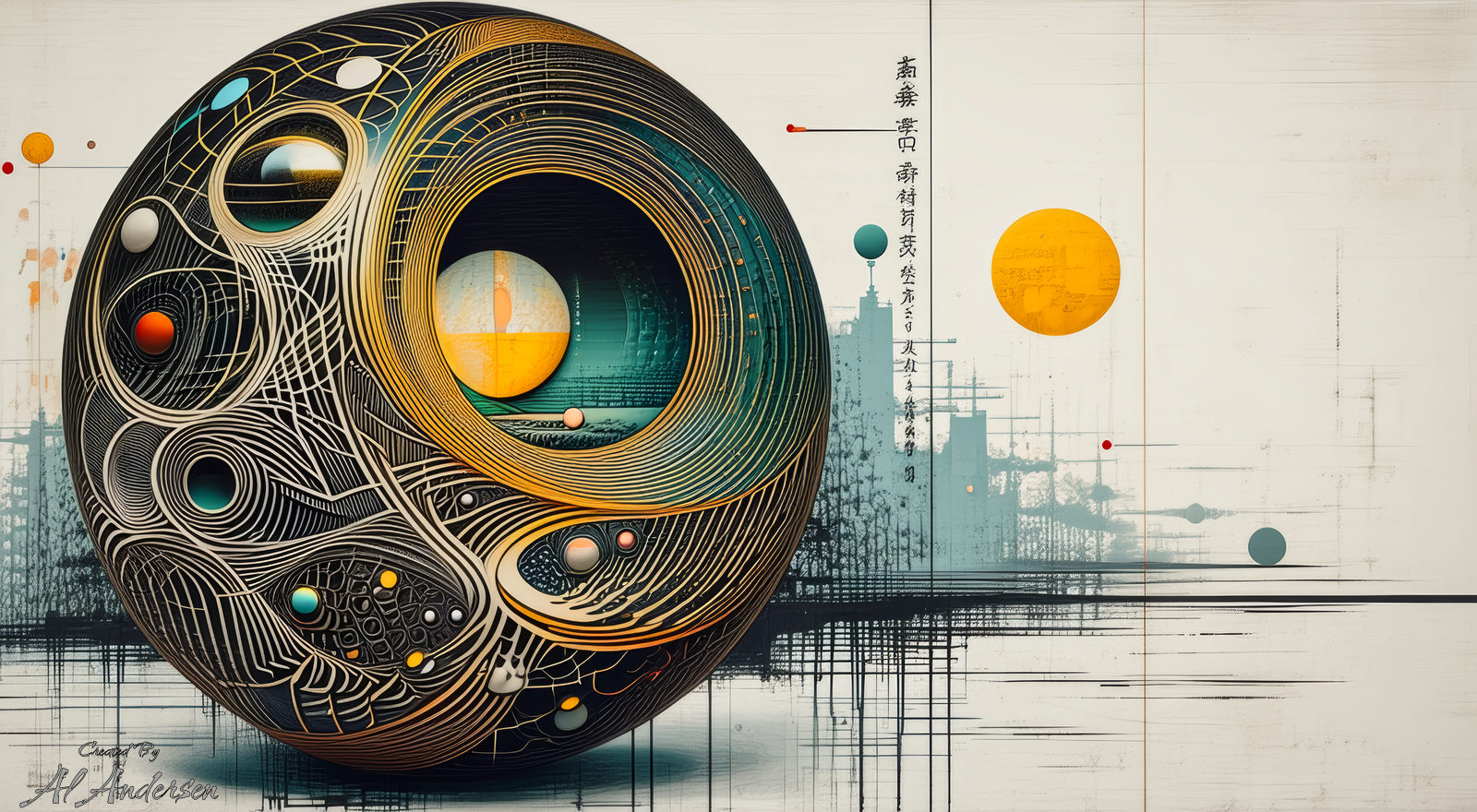 Orbital Nexus of Curved Realities A surreal digital artwork featuring a large, black and gold sphere filled with intricate swirling lines and layered textures, suggesting circuitry or an organic machine. Inside the sphere is a glowing geometric scene in teal, orange, and yellow tones. In the background, faint architectural structures, floating orbs, and abstract symbols suggest a futuristic, coded cityscape.