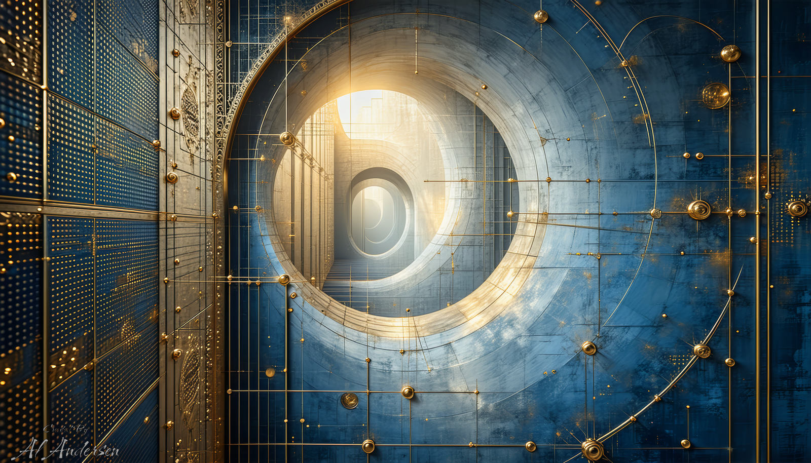 Digital artwork featuring a corridor of circular blue and gold forms leading toward a softly glowing center. Golden lines connect structural elements with precision, creating a sense of balance, unity, and depth. The harmonious geometry represents the enduring strength and calm of integrity.
