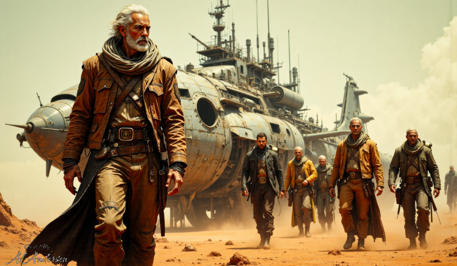 A group of grizzled veteran space cowboys walks through a dusty desert, dressed in rugged leather attire with scarves and belts. Behind them is a massive weathered spacecraft blending retro and futuristic designs. The dusty, muted atmosphere captures the grit and resilience of a sci-fi Western setting.