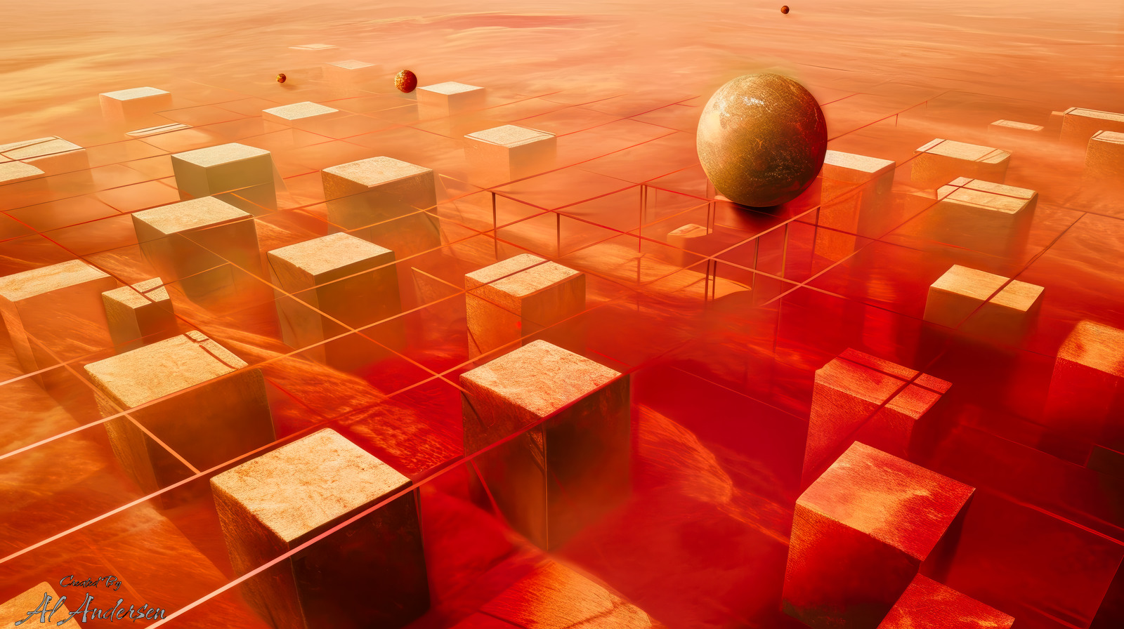 Gridscape of Red Horizons Abstract artwork depicting a red-hued surreal landscape of floating cubes on a translucent grid surface, with a large spherical object hovering in the middle and smaller orbs fading into the background. The scene blends geometric precision with dreamlike atmosphere, evoking a futuristic alien world.