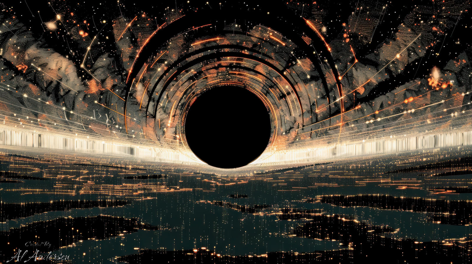 Descent Into Singularity Abstract digital artwork of a black circular void centered within a tunnel of warped starlight and luminous golden streams, simulating an event horizon. Digital gridlines and fragmented space stretch toward the center, creating the illusion of immense gravitational pull and spatial distortion.