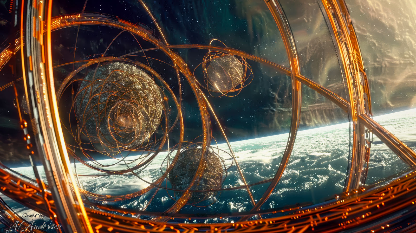 Orbital Nexus Array Futuristic artwork showing a Bishop Ring megastructure orbiting a distant planet, with glowing copper-colored loops encasing spherical nodes suspended in space. The planet's cloudy surface is visible below, while the intricate metallic design arcs across the foreground, suggesting advanced alien technology and orbital habitation.
