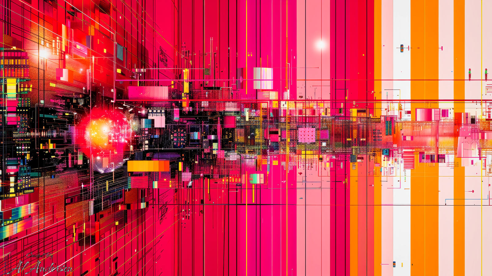 Infrared Storm Core Abstract artwork showing a glowing red circular core on the left side, surrounded by a symmetrical cityscape of grid lines, digital structures, and vertical streaks in pink, orange, and white. The composition suggests a hurricane disrupting a high-tech urban environment rendered in vibrant, geometric patterns.