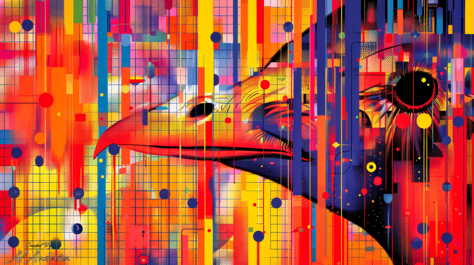 Digital Bird Spectrum Abstract digital artwork depicting a colorful bird's head, primarily in profile, layered with a chaotic mix of vertical stripes, vibrant grid patterns, and pixel-like dots. The bird's beak and eye are partially obscured by overlapping bright hues of red, orange, blue, and yellow, evoking a fusion of nature and technology.
