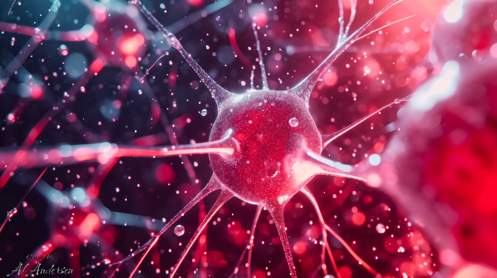 Entangled Synaptic Realms Abstract digital artwork showing a glowing red and pink spherical structure with thin tendrils extending outward, resembling a neuron or quantum particle. Surrounded by floating light particles, the image evokes a mysterious, eerie atmosphere of connection and energy.