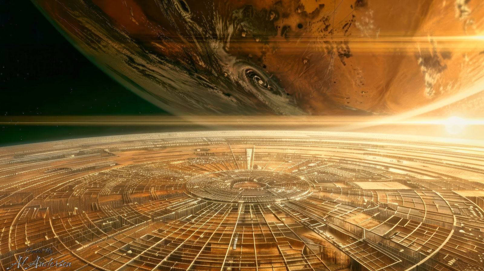 Heliogate Overworld Sci-fi digital artwork of a golden disc-like Bishop Ring gigastructure encircling a planet, with segmented surface panels radiating from a central hub. A large swirling gas giant hovers above the horizon, and sunlight streams across the ring, evoking futuristic space habitation on a monumental scale.
