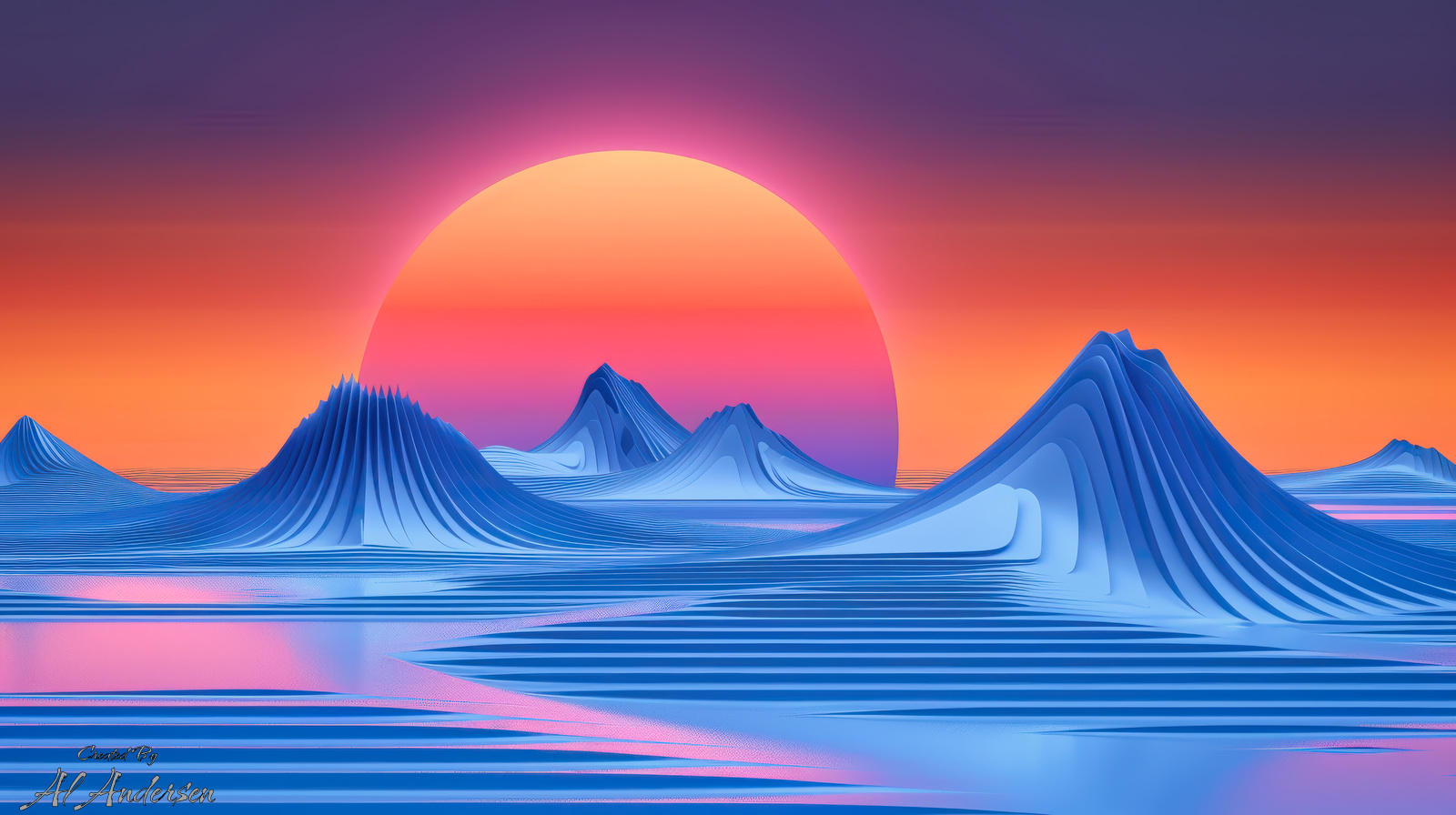 Synthetic Horizon Rise Abstract digital artwork showing stylized blue wave-like landforms rippling across a reflective surface, set against a vivid orange, pink, and violet sunrise. The terrain features stacked, flowing contours reminiscent of both mountains and ocean waves, evoking a surreal, futuristic hurricane-inspired landscape.