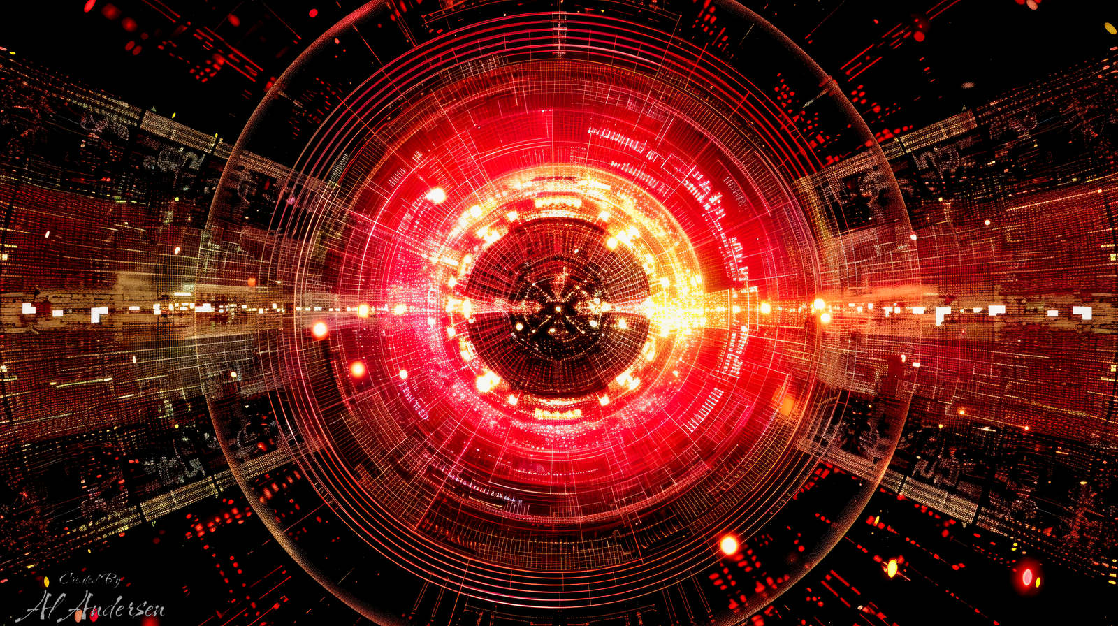 Crimson Event Horizon Abstract digital artwork depicting a glowing red core surrounded by concentric circles and light trails, resembling the energy and distortion of an event horizon. Data patterns, flickering particles, and symmetrical lines evoke the gravitational intensity and collapse associated with a black hole.