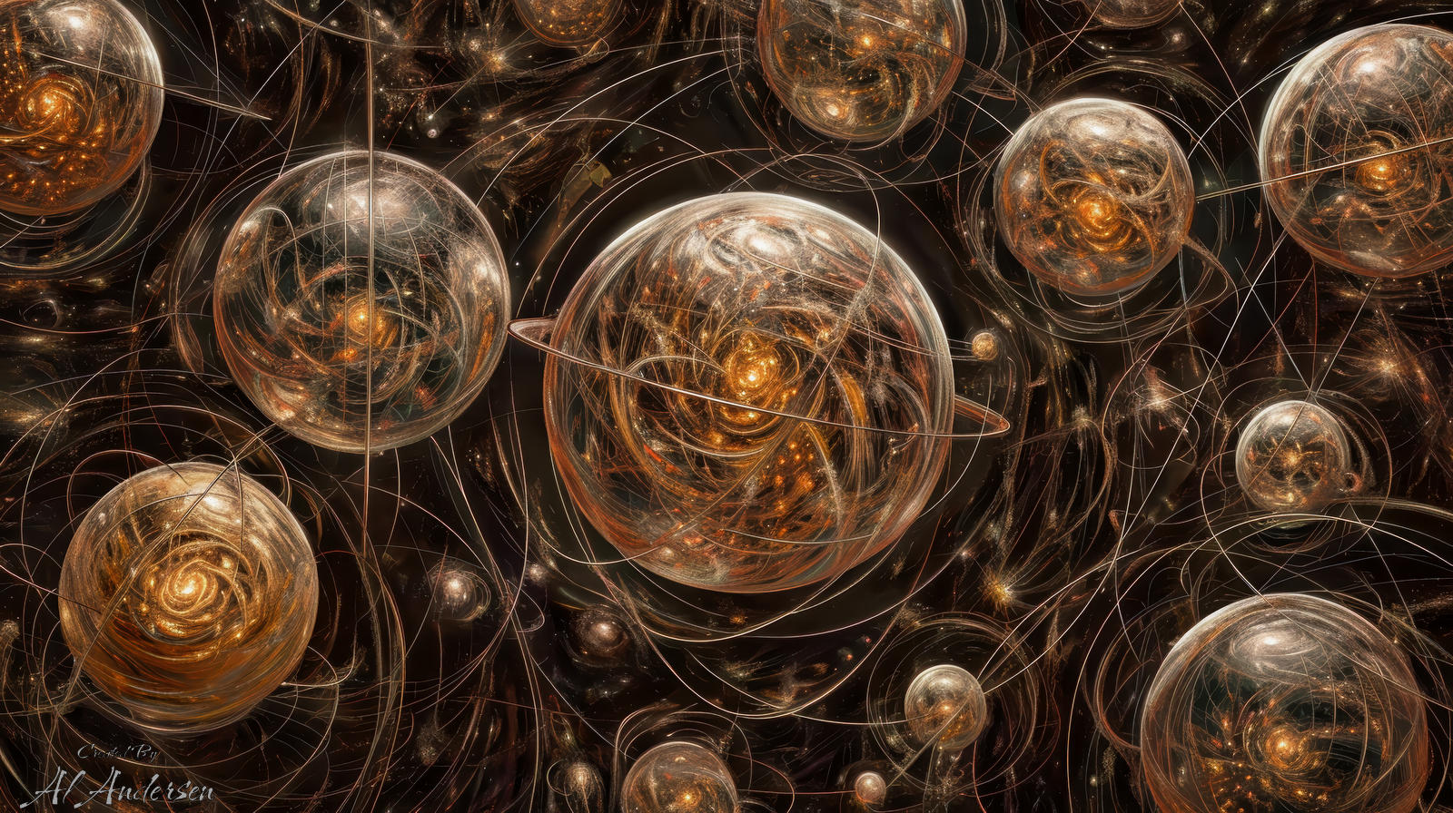 Orbital Chaos: Intricate Loops and Golden Hues An abstract digital artwork featuring numerous translucent orbs interconnected by thin, delicate loops against a dark background. Inside each sphere are swirling golden and bronze fractal patterns that shimmer and reflect light. The overall impression is one of complex, harmonious chaos, with each element contributing to a balanced yet dynamic composition.