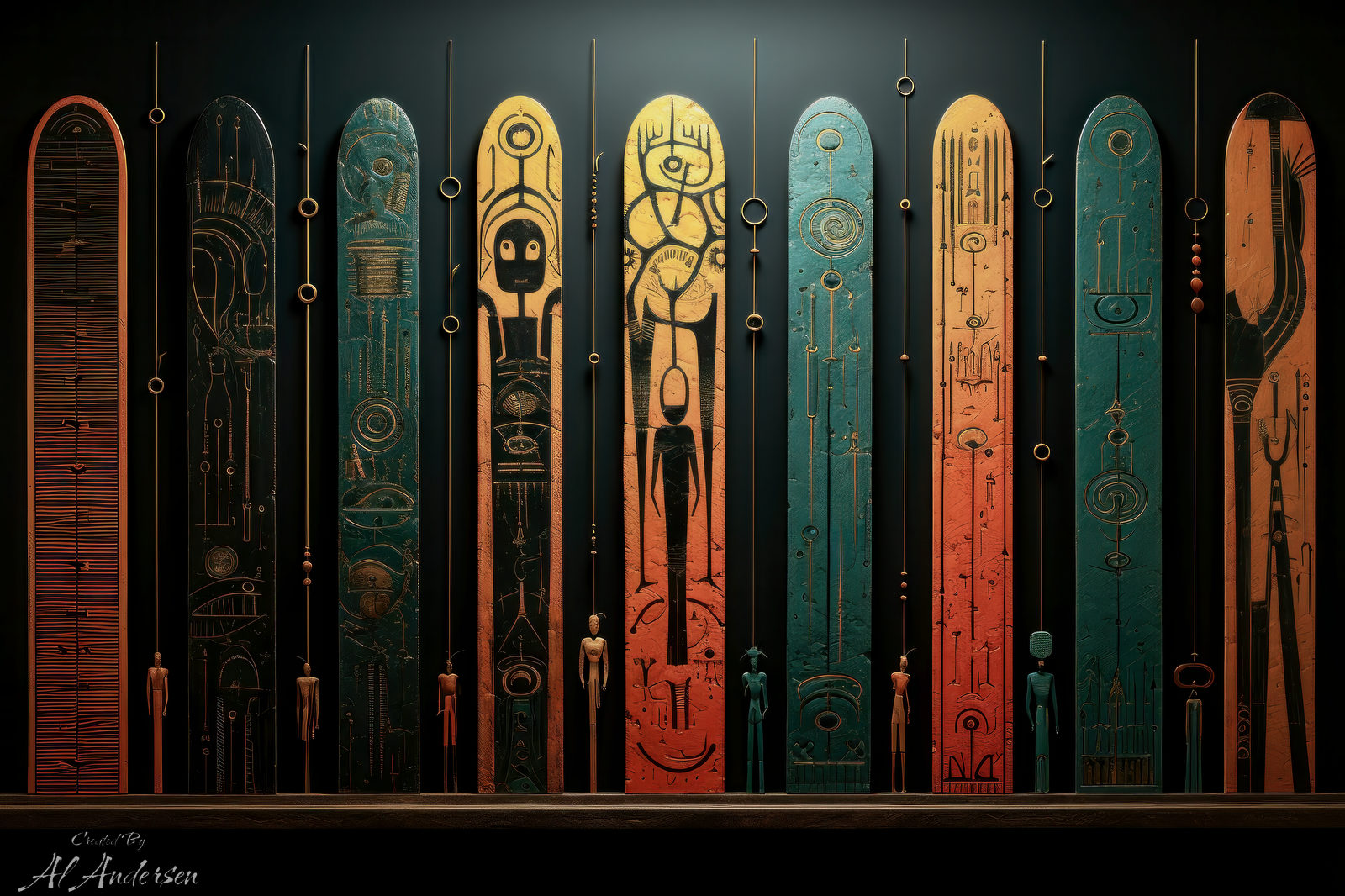 Mystical Tribal Boards In Vibrant Array An image of a collection of vertical wooden boards, each richly decorated with tribal and mystical symbols in a range of colors from red to turquoise. The boards are displayed in a row against a dark backdrop, each uniquely patterned with intricate designs that suggest ancient cultural significance.