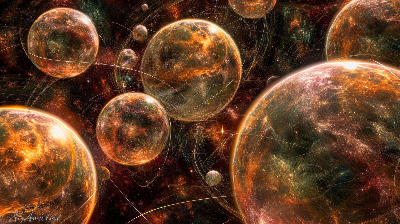 Probabilistic Orbscape Abstract digital artwork showing dozens of glowing, semi-transparent spheres floating in a dark cosmic background. Each sphere contains swirling orange and golden light patterns, with faint trails of connecting lines arcing between them, symbolizing a multidimensional latent space environment.