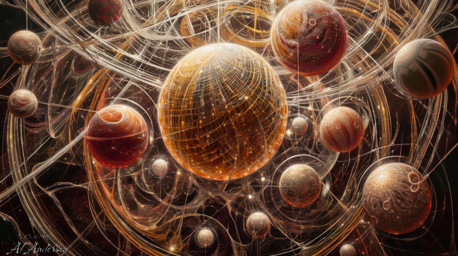 Entangled Probabilities Abstract artwork of glowing spherical orbs suspended in space, connected by intricate strands of golden light. A large central sphere dominates the composition, surrounded by smaller orbs in various sizes, representing the interconnected and probabilistic nature of latent space.