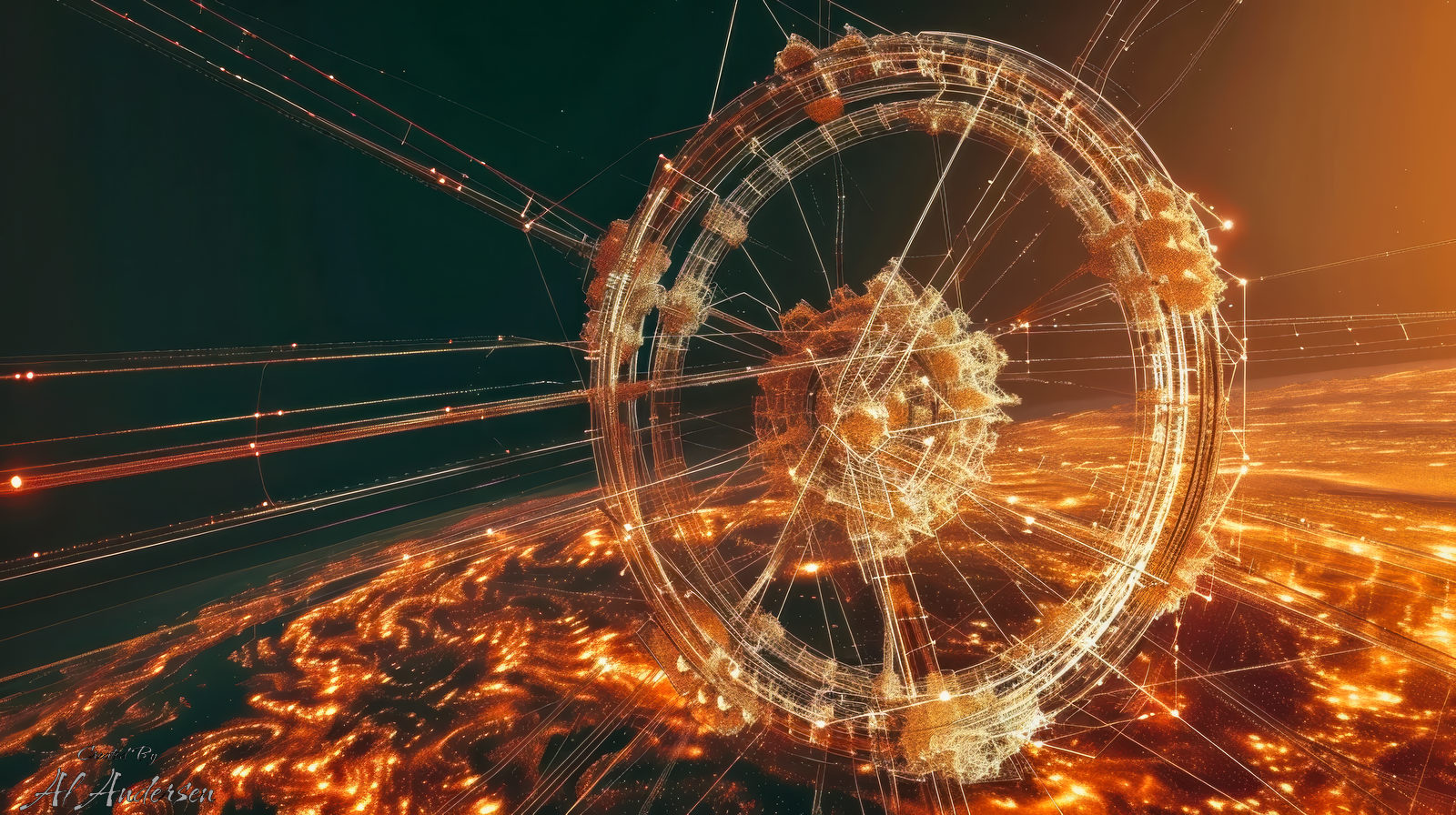 Bishop Ring Ascension Futuristic digital artwork of a massive Bishop Ring megastructure floating in space, encircling a glowing alien planet below. The ring features intricate golden frameworks and radiating filaments, while the planet's surface is lit by swirling orange lights, suggesting advanced technology and extraterrestrial life.