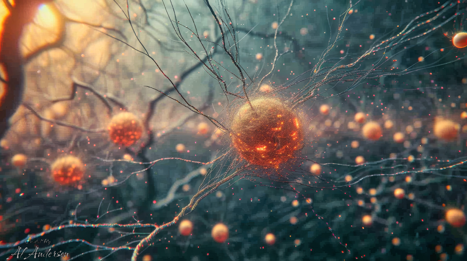 Quantum Veil Entangled Abstract digital artwork showing a glowing golden sphere at the center, with fine tendrils extending outward to connect with other orbs floating in a shadowy, surreal space. The scene evokes neural networks or quantum entanglement, with a glowing, spooky ambiance and sci-fi detail.