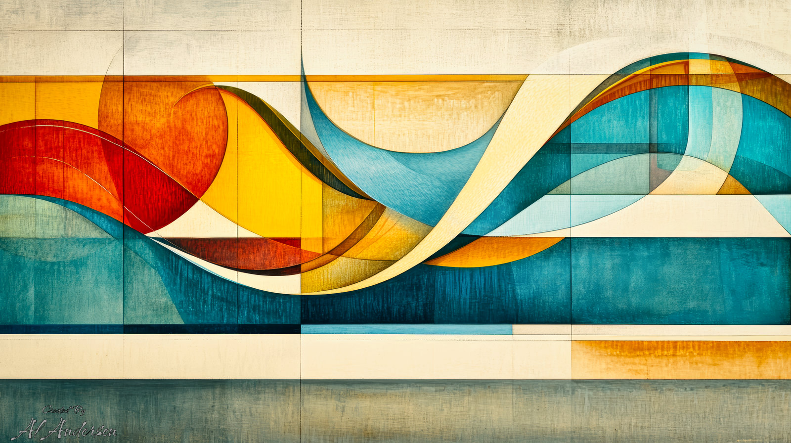 Symphony of Curves and Color in Motion An abstract artwork with interwoven curves and geometric shapes in shades of blue, yellow, red, and ivory. The composition features sweeping arcs and layered sections, creating a flowing and rhythmic visual experience with a sense of movement and balance.