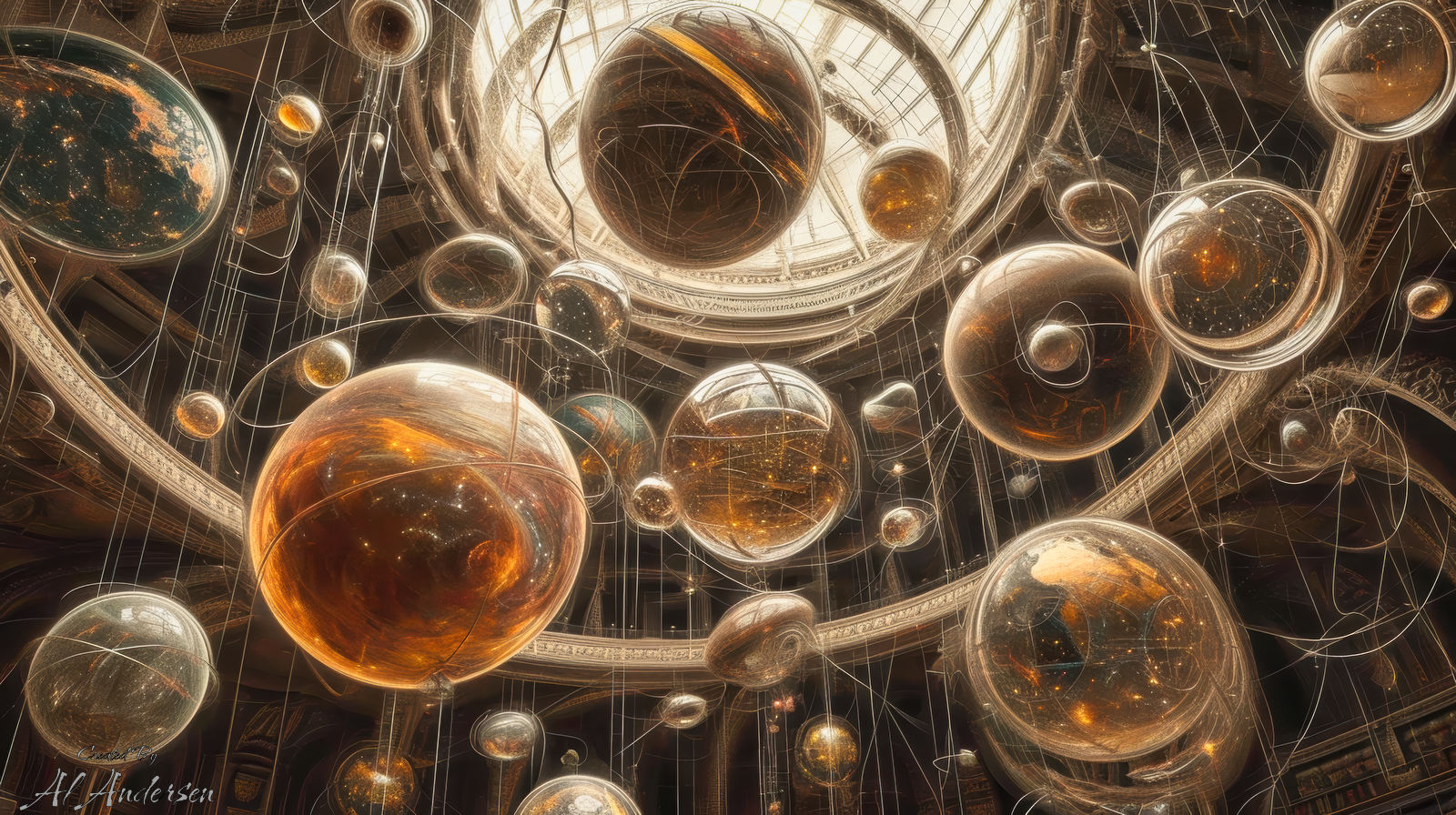 Cathedral of Latent Worlds Abstract artwork depicting a massive domed hall filled with glowing orbs suspended by thin luminous filaments. Each orb contains swirling cosmic light, resembling micro-universes. The ornate architectural space evokes a cathedral, symbolizing the vast dimensional structure of latent space.
