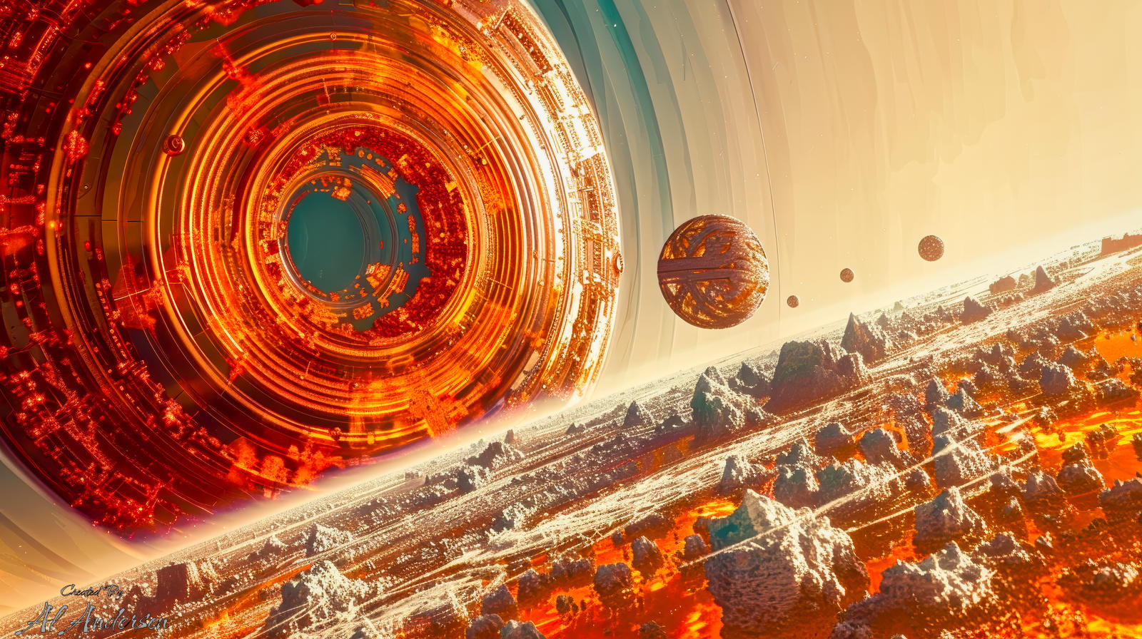 Molten Orbit Habitat Abstract sci-fi artwork showing a massive, glowing Bishop Ring structure in orange and red hues orbiting a volcanic alien planet. Below, the planet's surface is filled with jagged rocky formations and glowing lava, while multiple smaller spherical objects follow a curved orbital path near the ring.