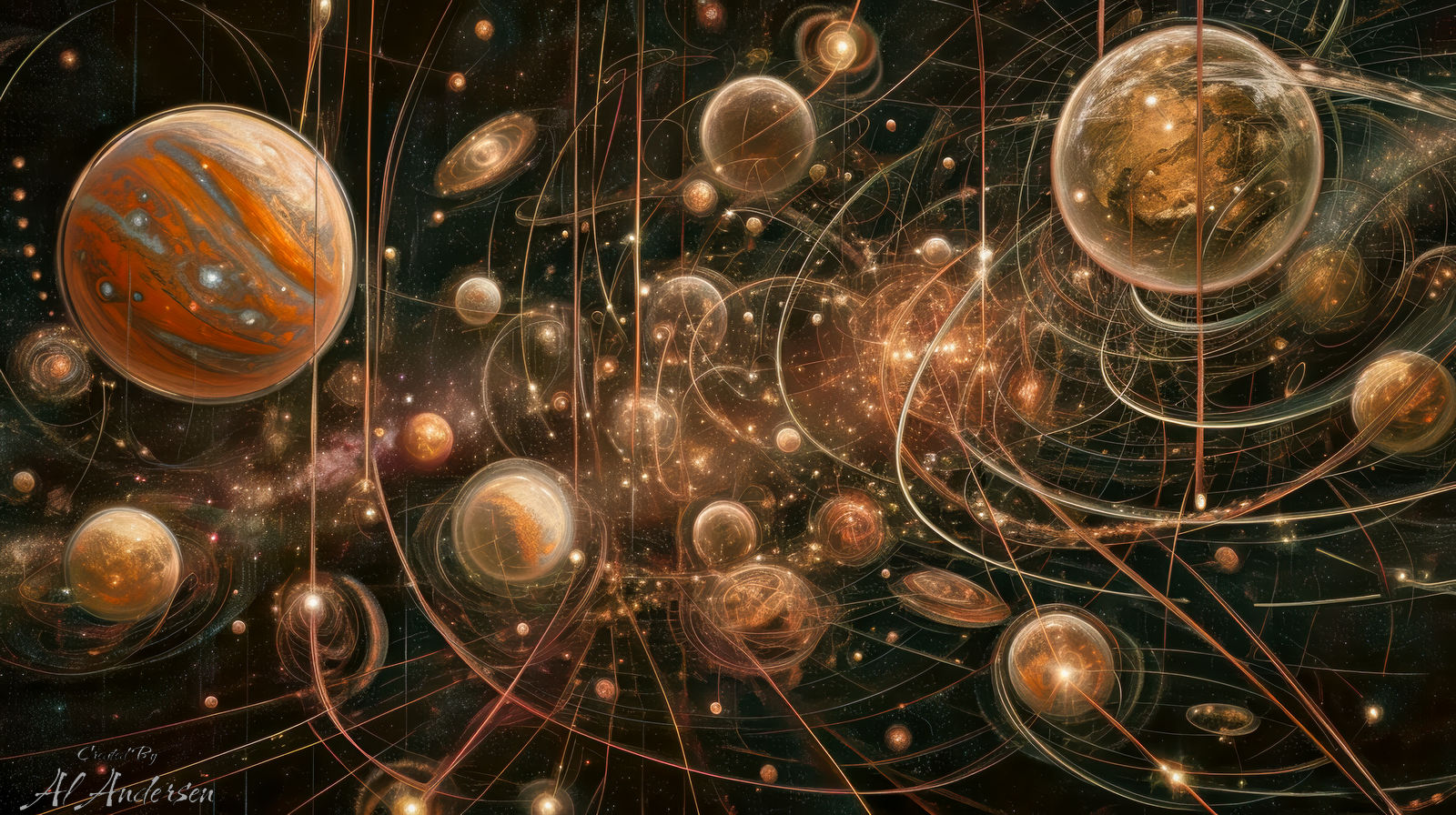 Orbiting Dimensions Abstract digital artwork showing a vast cosmic scene filled with glowing spherical planets and orbs, interconnected by delicate light filaments. The composition is dense with motion lines, spiral trajectories, and star-filled space, symbolizing the intricate networked structure of latent space.