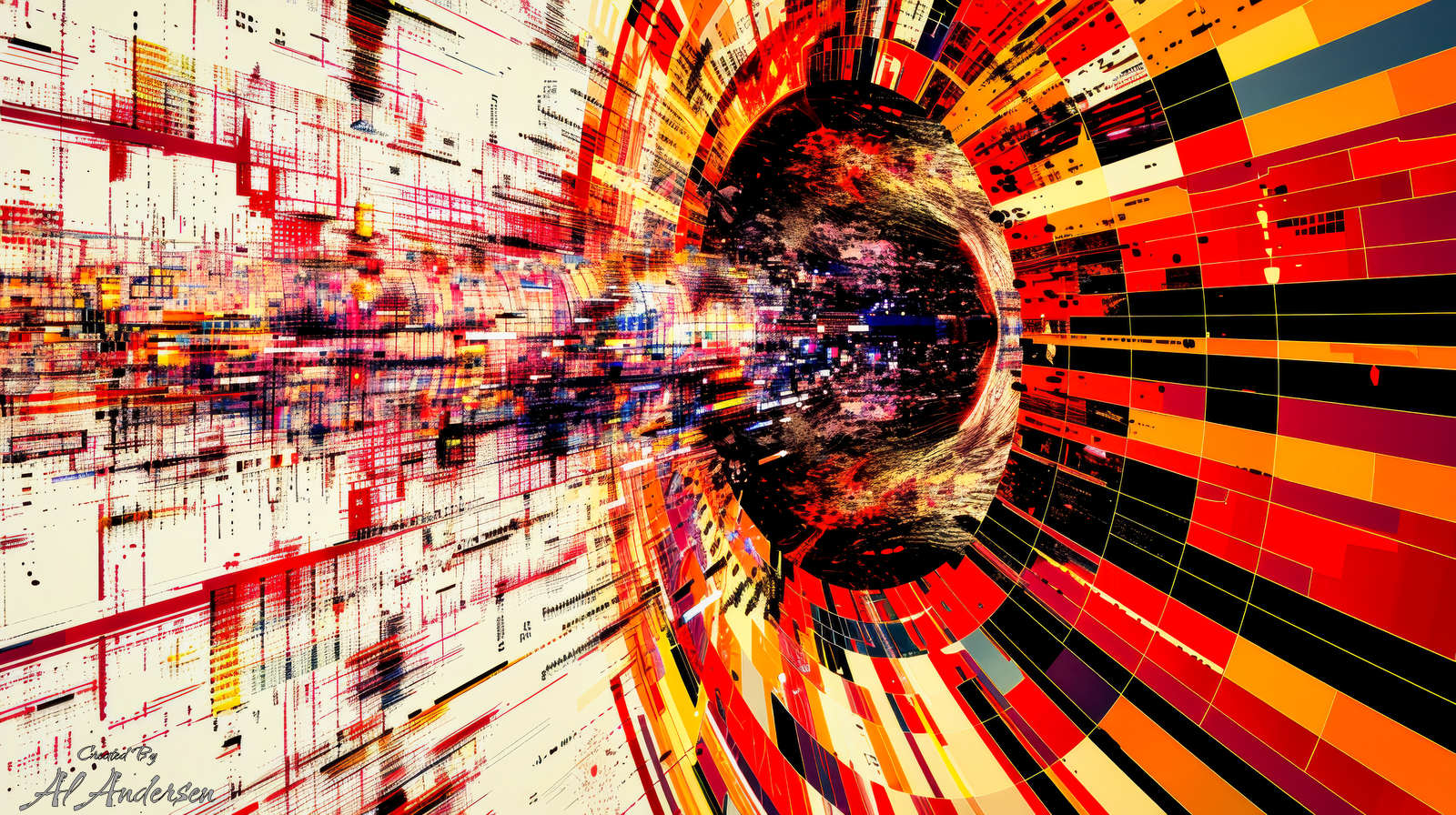 Urban Vortex Collapse Abstract digital artwork depicting a hurricane as a black central sphere surrounded by concentric arcs of red, orange, and yellow grid-like structures. The surrounding area is filled with fragmented digital patterns resembling a disintegrating cityscape, creating a sense of explosive motion and structural collapse.